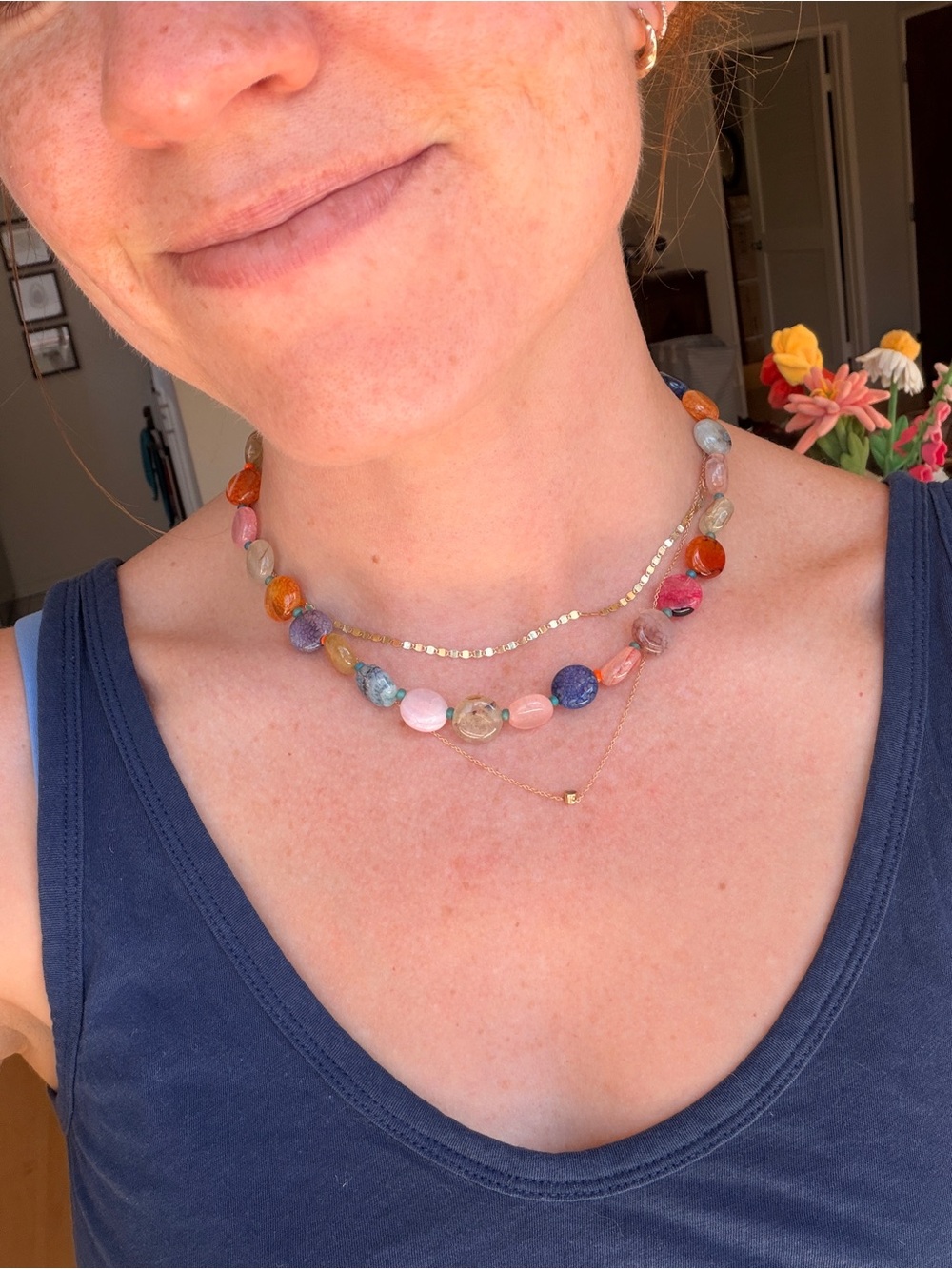 Multicolor Bead Layered Necklace with Gold Accents